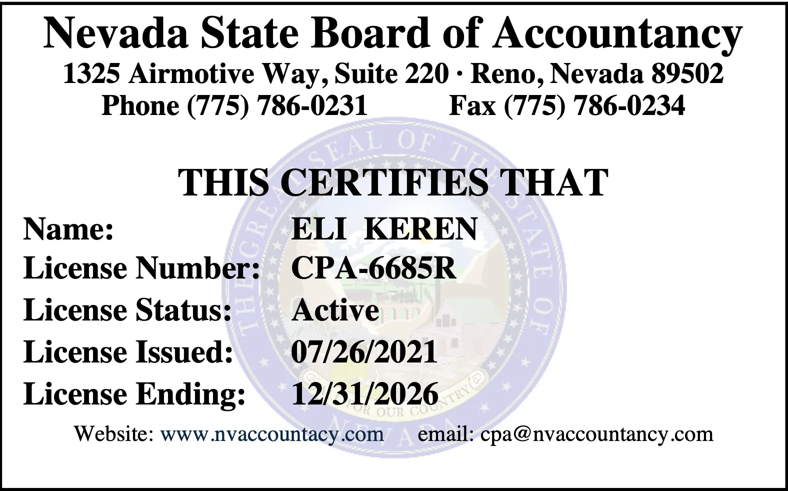 Nevada State Board of Accountancy - ELI KEREN Certificates - 2026