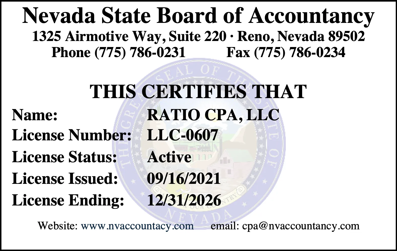 Nevada State Board of Accountancy - Ratio CPA LLC Certificates - 2026